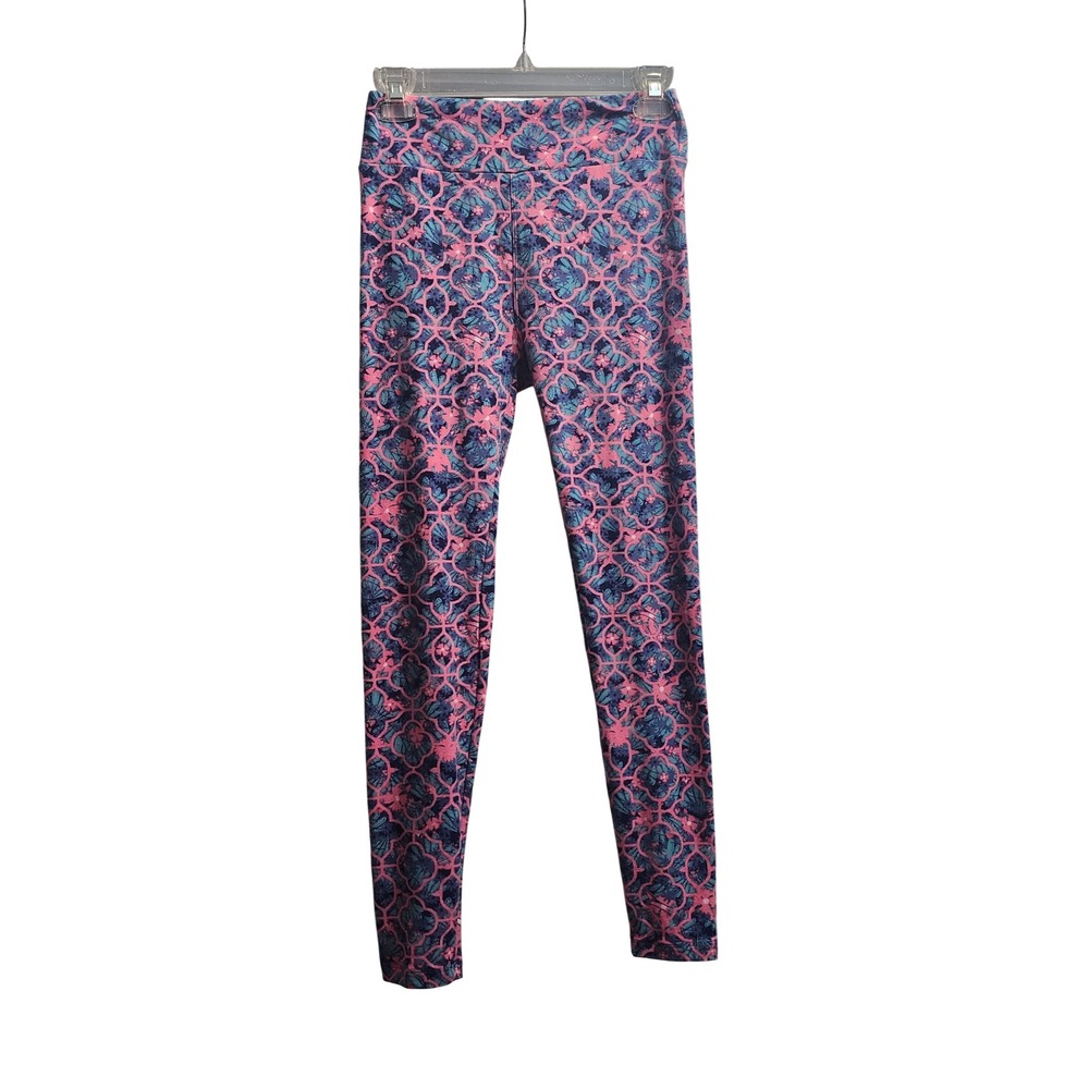 LuLaRoe Kids One Size Leggings Pink Blue Geometric Print Comfy